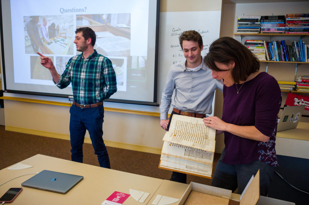 EMDD Year Two Pitch Nite, featuring a 1488 copy of Artistotle's Ethics illuminated in Latin, loaned by the Remnant Trust.