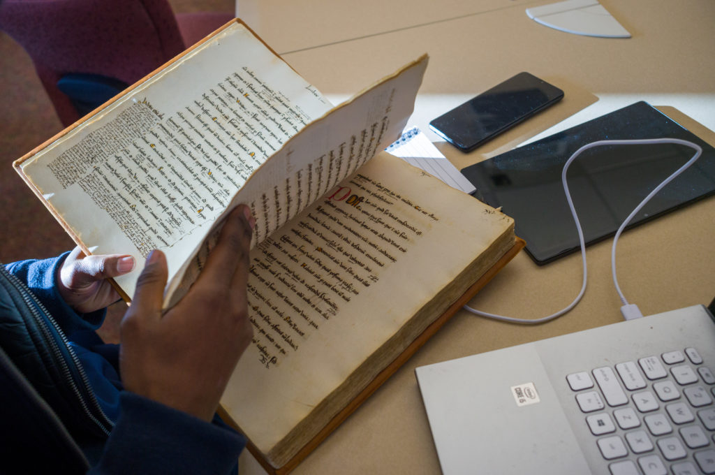 EMDD Year Two Pitch Nite, featuring a 1488 copy of Artistotle's Ethics illuminated in Latin, loaned by the Remnant Trust.