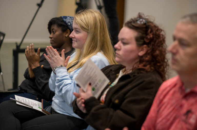 EMDD students Zainab Aamir and Matt Lowe compete in the 2023 Three-Minute Thesis competition at Ball State University's Emmens Auditorium, Thursday, February 23, 2023. Aamir won both the competition and the People's Choice award for her project on privacy in virtual reality, and Lowe won third place for his project comparing the transmedia stopry structures resulting from the January 6 Commission Report.